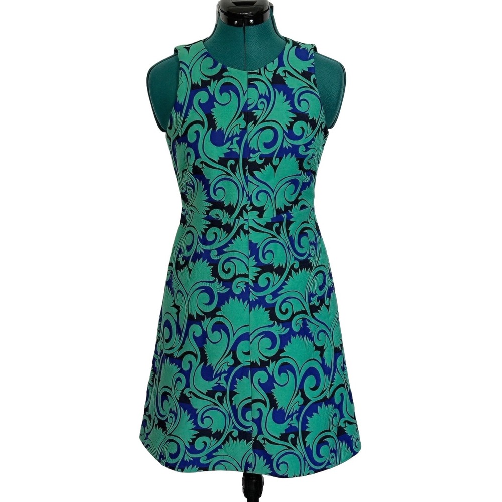J.Crew A-Line Dress Green Blue Vineyard Jacquard floral Sleeveless Size 0 G1061